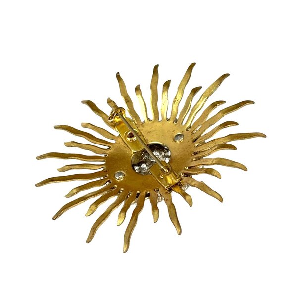 Vintage Gold Tone Sunburst Rhinestone Brooch Pin Retro - Picture 6 of 7